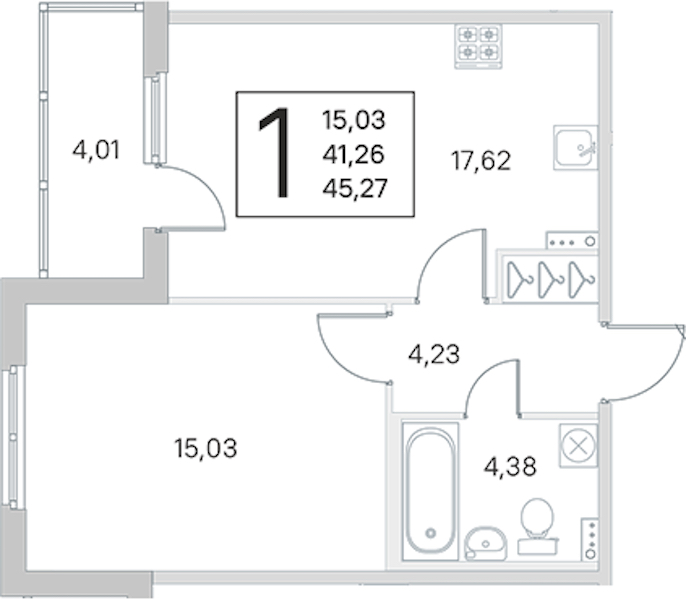 1-комнатная квартира 41.26 м², 1/4 эт., ЖК «Любоград в Стрельне»
